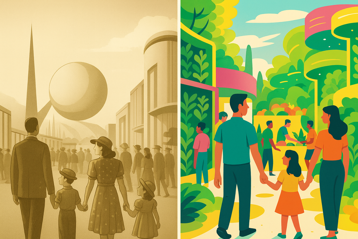 1939 World's Fair family in sepia vs modern family at vibrant circular economy expo with living architecture and collaboration.