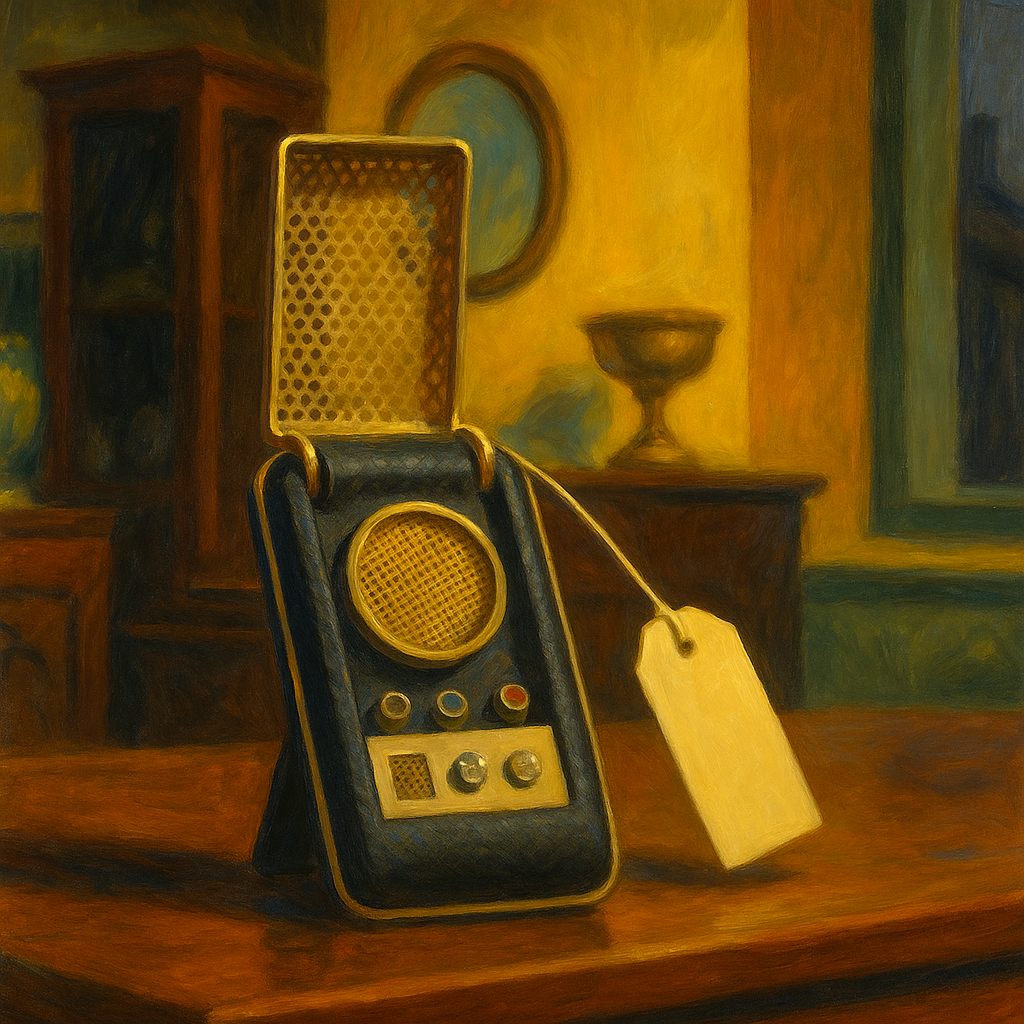 A vintage Star Trek communicator displayed in an antique shop, resting on a wooden table with a paper price tag dangling from its antenna, bathed in warm afternoon light.