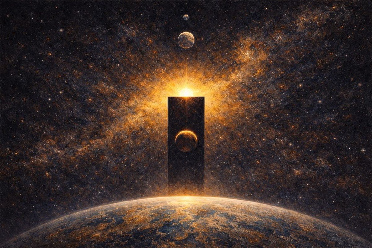 Painterly image of Earth aligned beneath a black monolith, with the Moon and Sun above, rendered in a mythic, cosmic style inspired by 2001: A Space Odyssey.