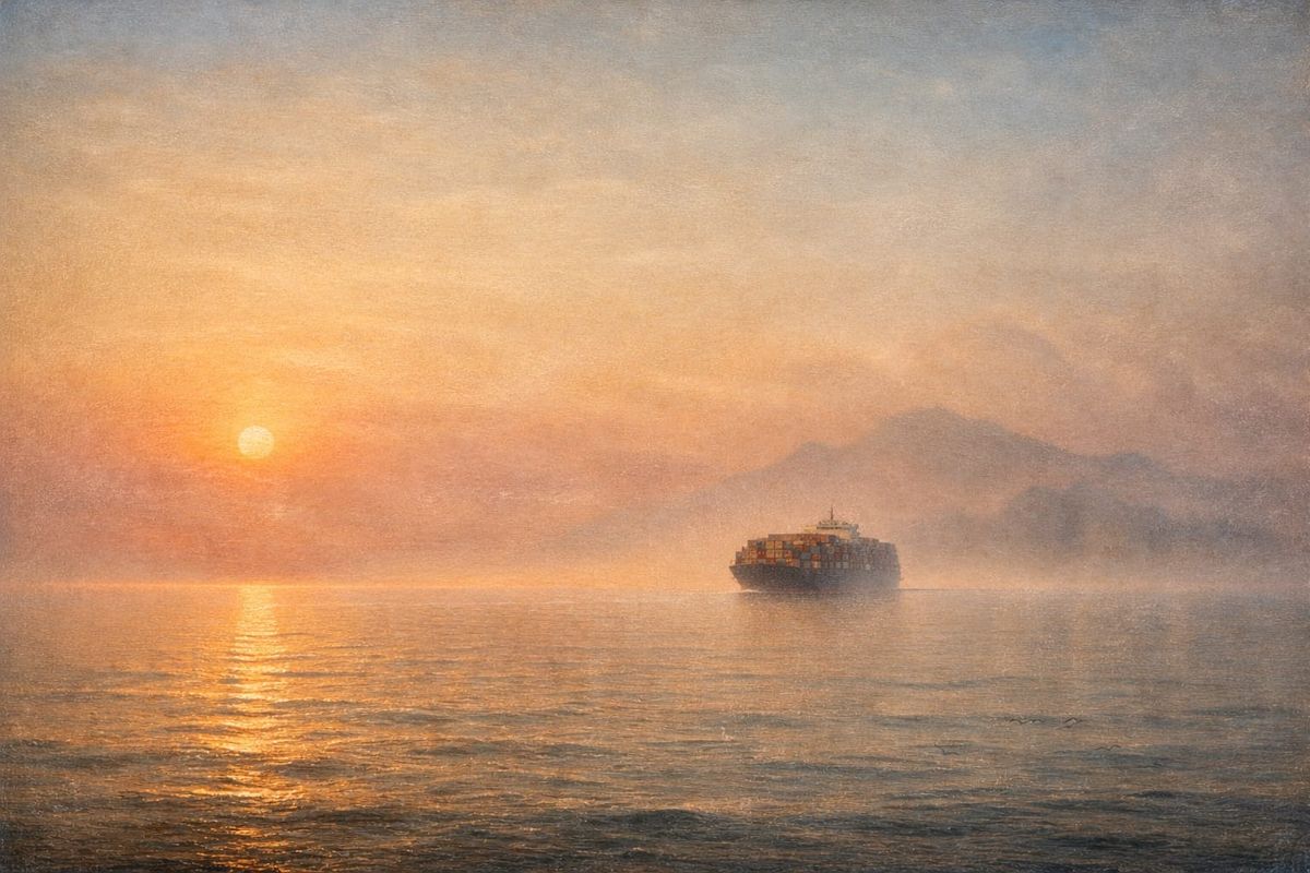 A hazy seascape with a distant cargo container ship receding toward the horizon, its form partially dissolved by light and atmosphere.