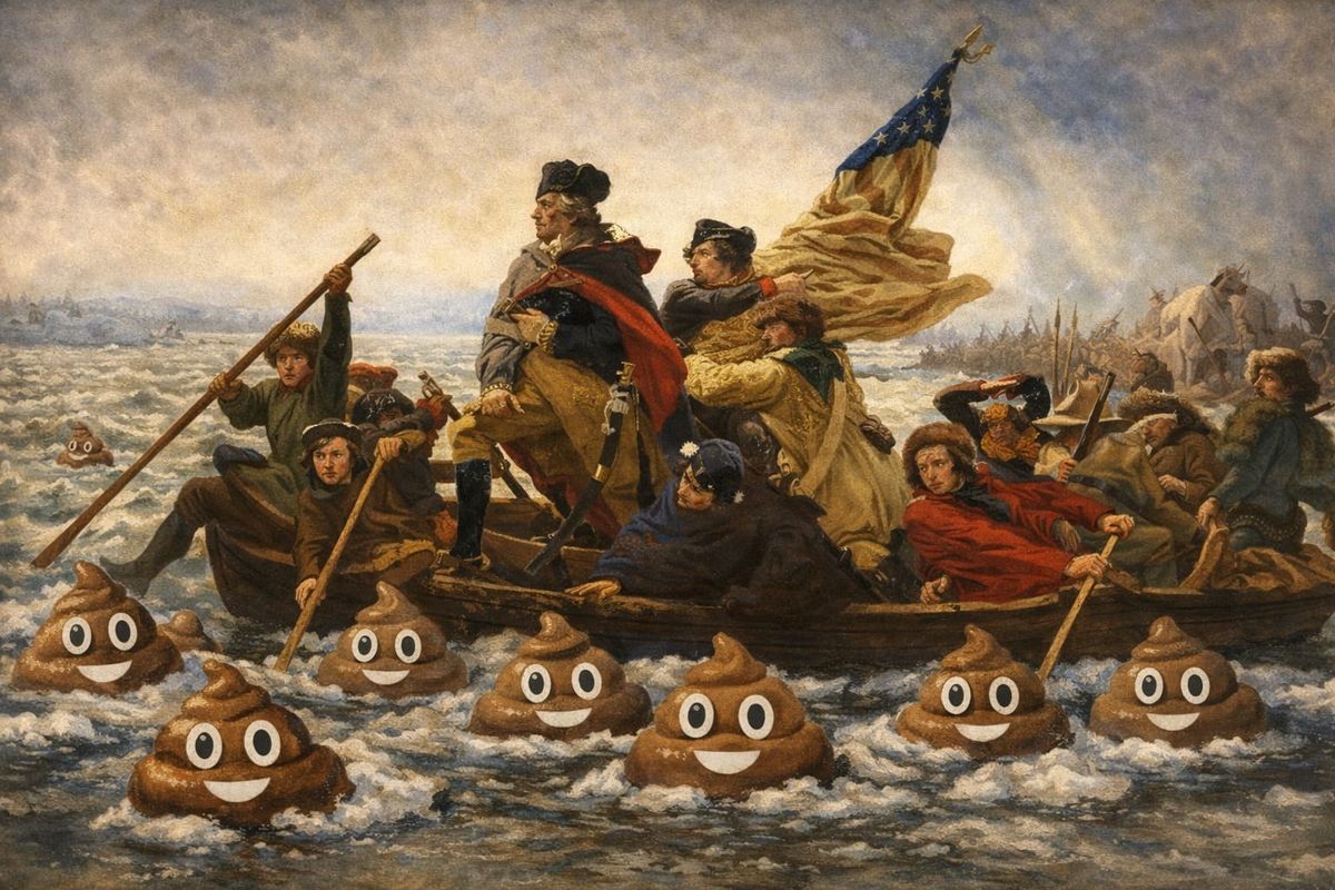 A painterly parody of Emanuel Leutze’s “Washington Crossing the Delaware,” reimagined with stylized, hand-painted symbols of decay replacing the river’s ice floes as the boat moves forward.