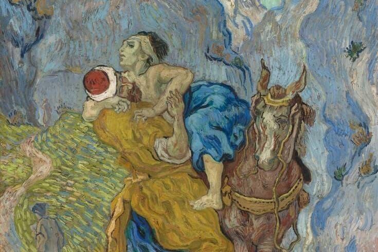 Vincent van Gogh’s The Good Samaritan (after Delacroix), showing a compassionate figure helping a wounded man onto a horse, rendered in expressive brushwork.