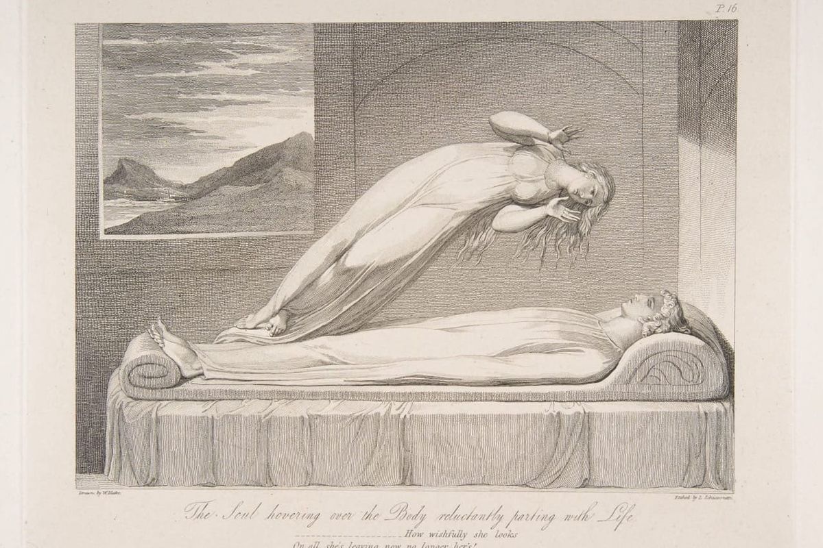 A luminous figure rises from a recumbent body, arms extended in reluctance. William Blake's 1808 engraving for Robert Blair's poem The Grave.