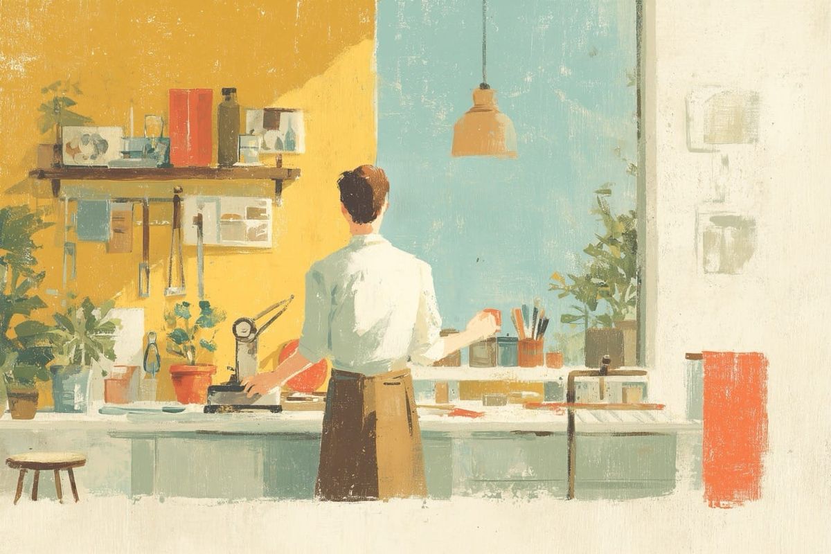 Mid-century illustration of a craftsperson at a well-lit workbench in a neighborhood atelier, tending a textile with care. Warm citrine light, gouache texture, 1960s World's Fair poster style