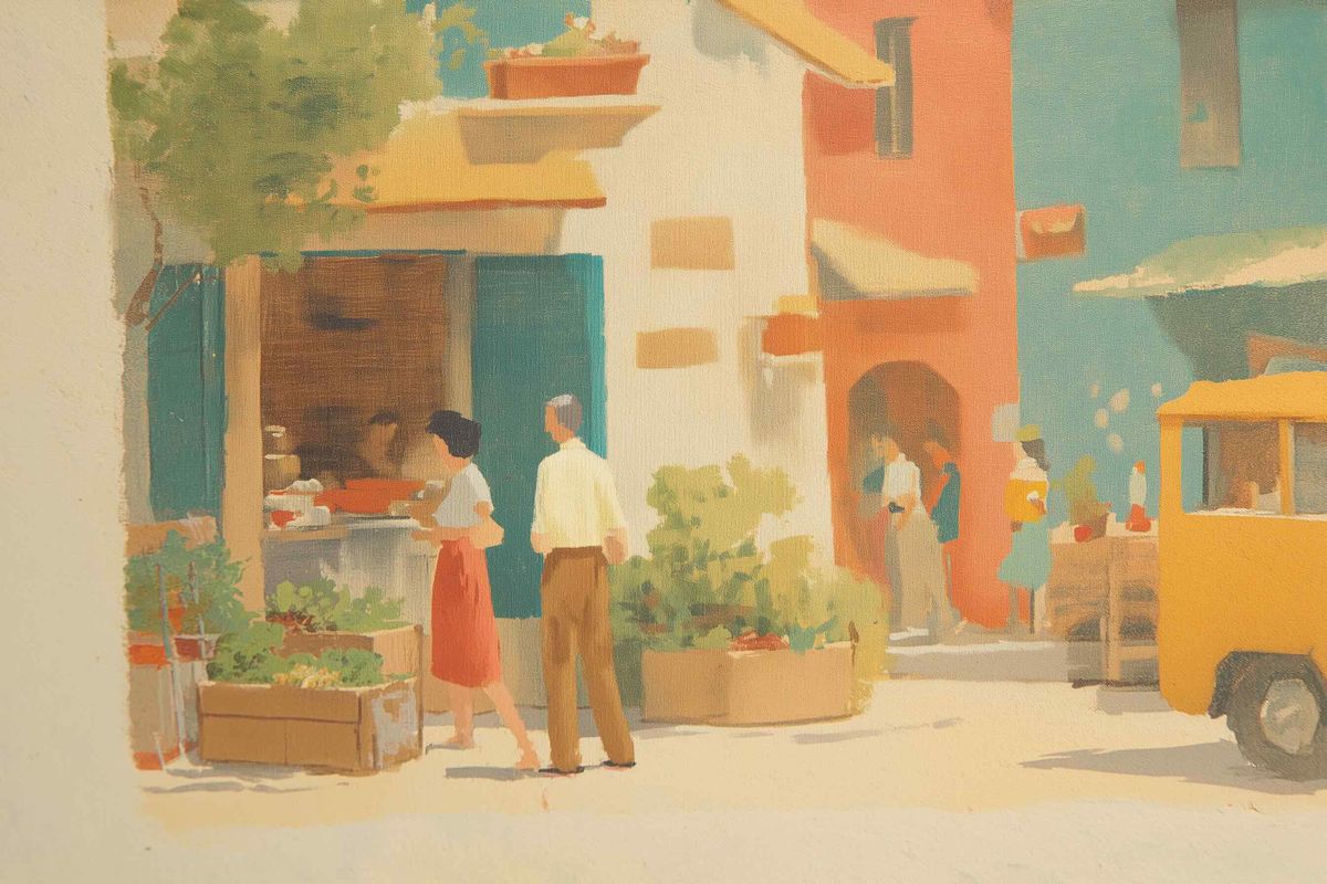 Mid-century illustration of a warm neighborhood street: a figure walks toward an open workshop, a small food counter sits across the way, and a citrine yellow delivery vehicle rolls past.