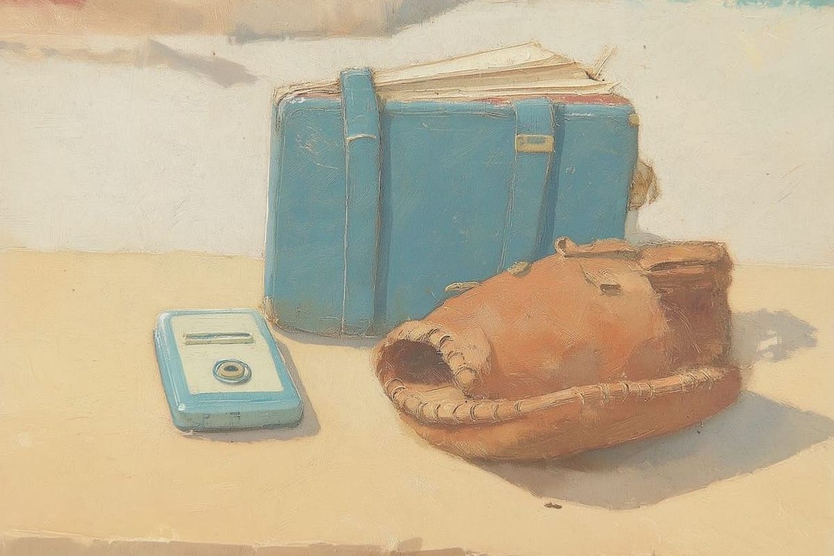 A painterly still life in warm afternoon light: a worn blue leather-bound folio, a well-loved tan baseball glove, and a small handheld device resting together on a sunlit table.