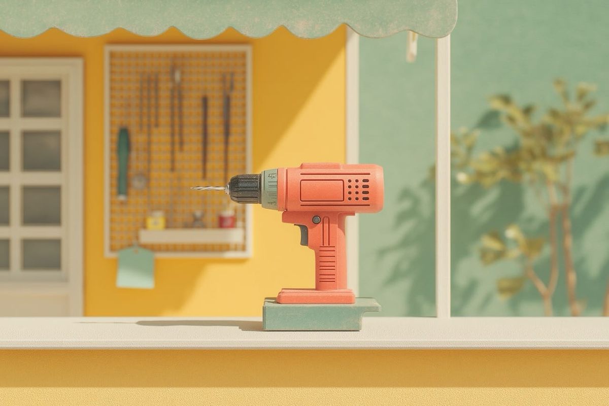 A coral red cordless drill stands upright on a counter at a tool library, citrine yellow wall and pegboard of hand tools behind. Mid-century illustration style.