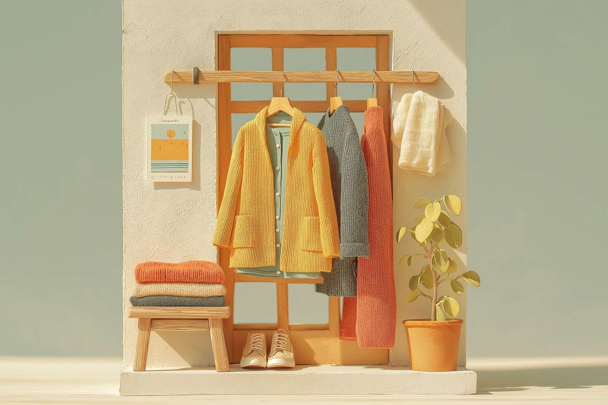 Small curated wardrobe in morning light: citrine knit jacket, sage blouse, charcoal sweater, coral scarf on wooden hangers, folded sweaters on a wooden bench, canvas shoes lined up below.