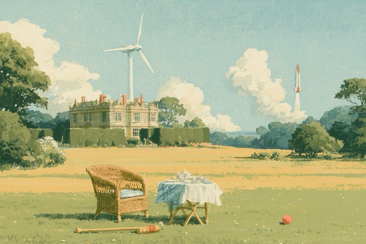 Illustration of an Edwardian country lawn at golden hour: a tea table and croquet set on the grass, a wind turbine turning behind the manor house, and a rocket rising in the distance.