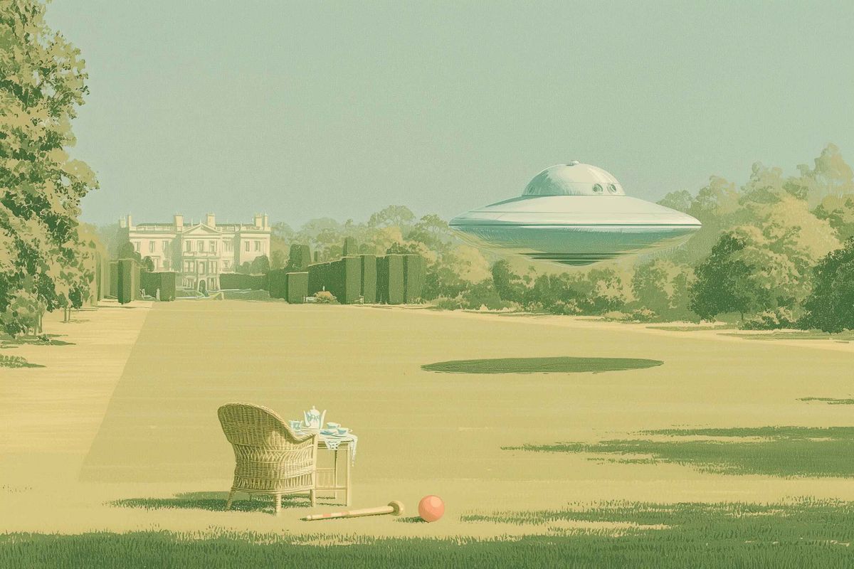 Mid-century-style painting of a sunny country-house lawn: a silver flying saucer hovers over the grass beyond an empty wicker chair and a set tea table, a manor house in the distance.