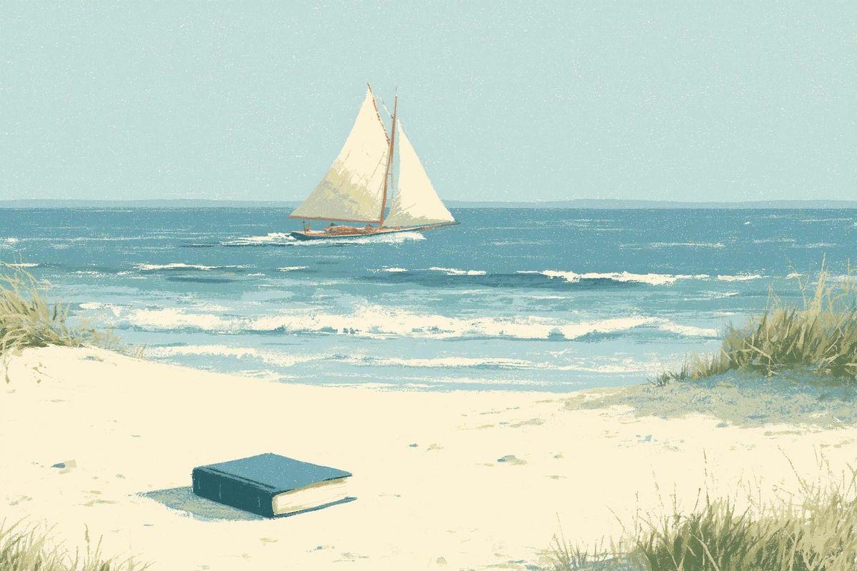  Mid-century travel-poster illustration of a New England beach from the reader's view: a single navy book on pale sand, a small sloop on the teal sea, a robin's egg blue sky.