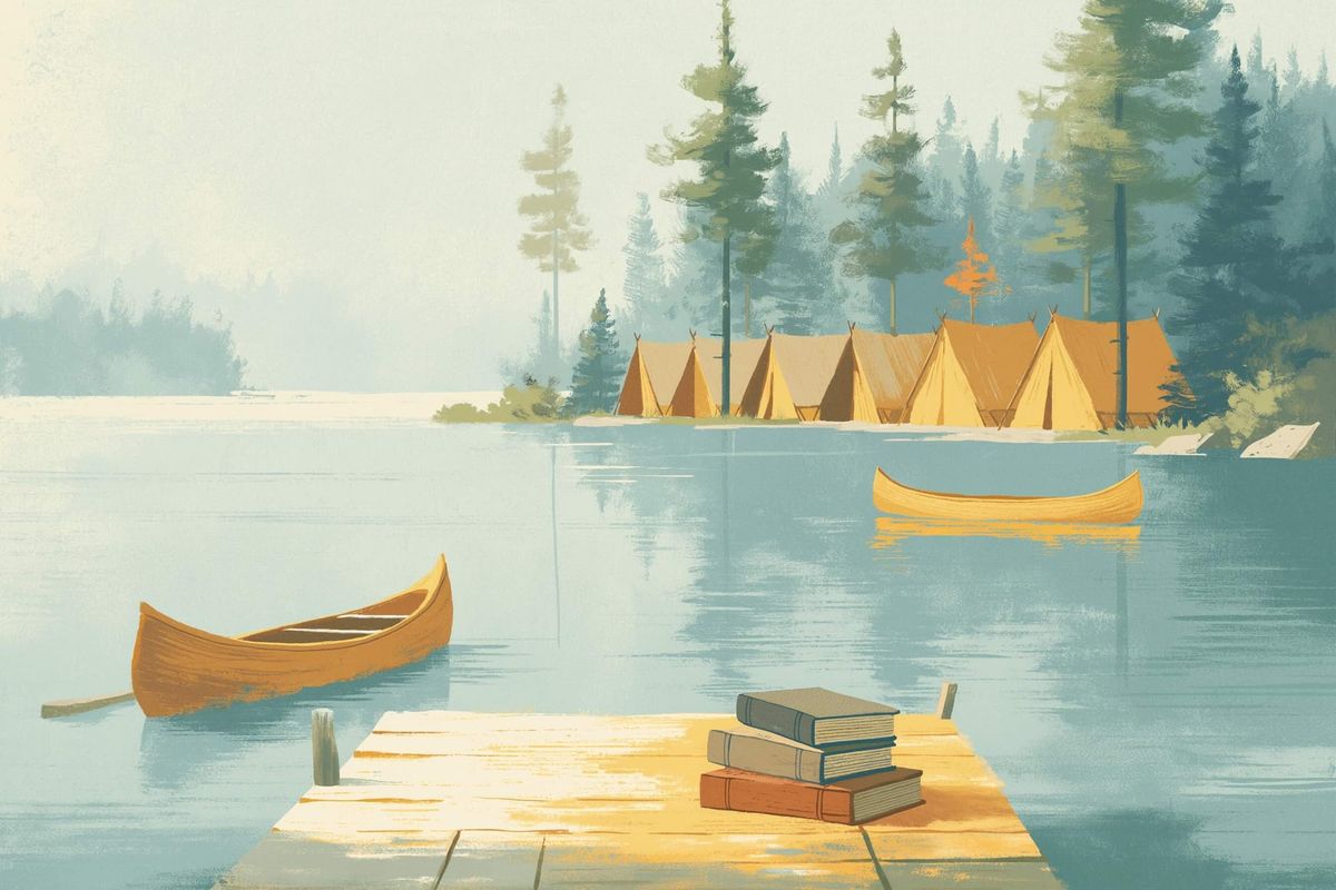 Mid-century illustration from a lake dock: three stacked books in the foreground, two citrine canoes on still water, and a row of yellow canvas tents among pines across the shore.