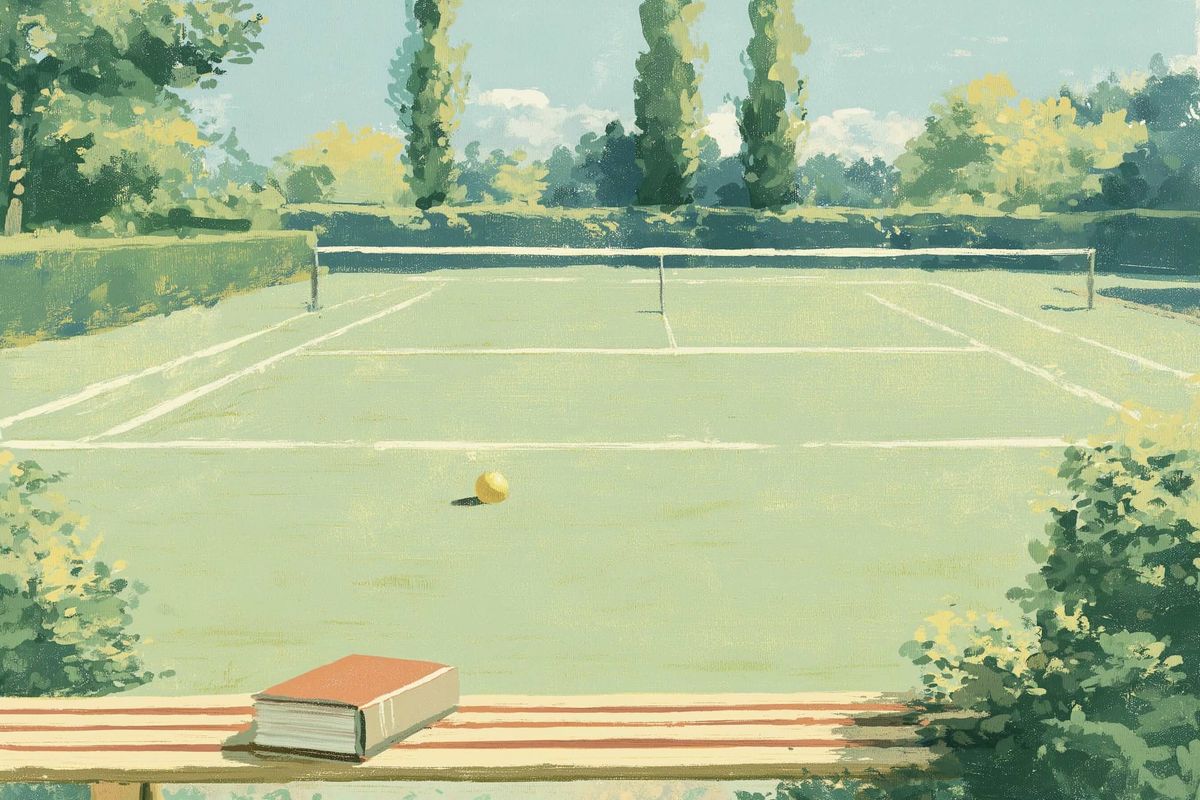 Mid-century travel-poster illustration: first-person view across a grass tennis court, a single closed book resting on the near sideline, citrine sunlight and an open teal sky, no people.