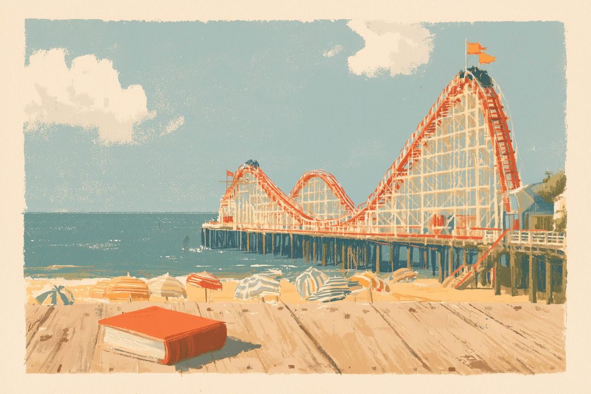 Mid-century poster illustration from a boardwalk: a single navy book on sunlit planks, a wooden roller coaster's peaks and dips rising against a teal sky, calm sea beyond.