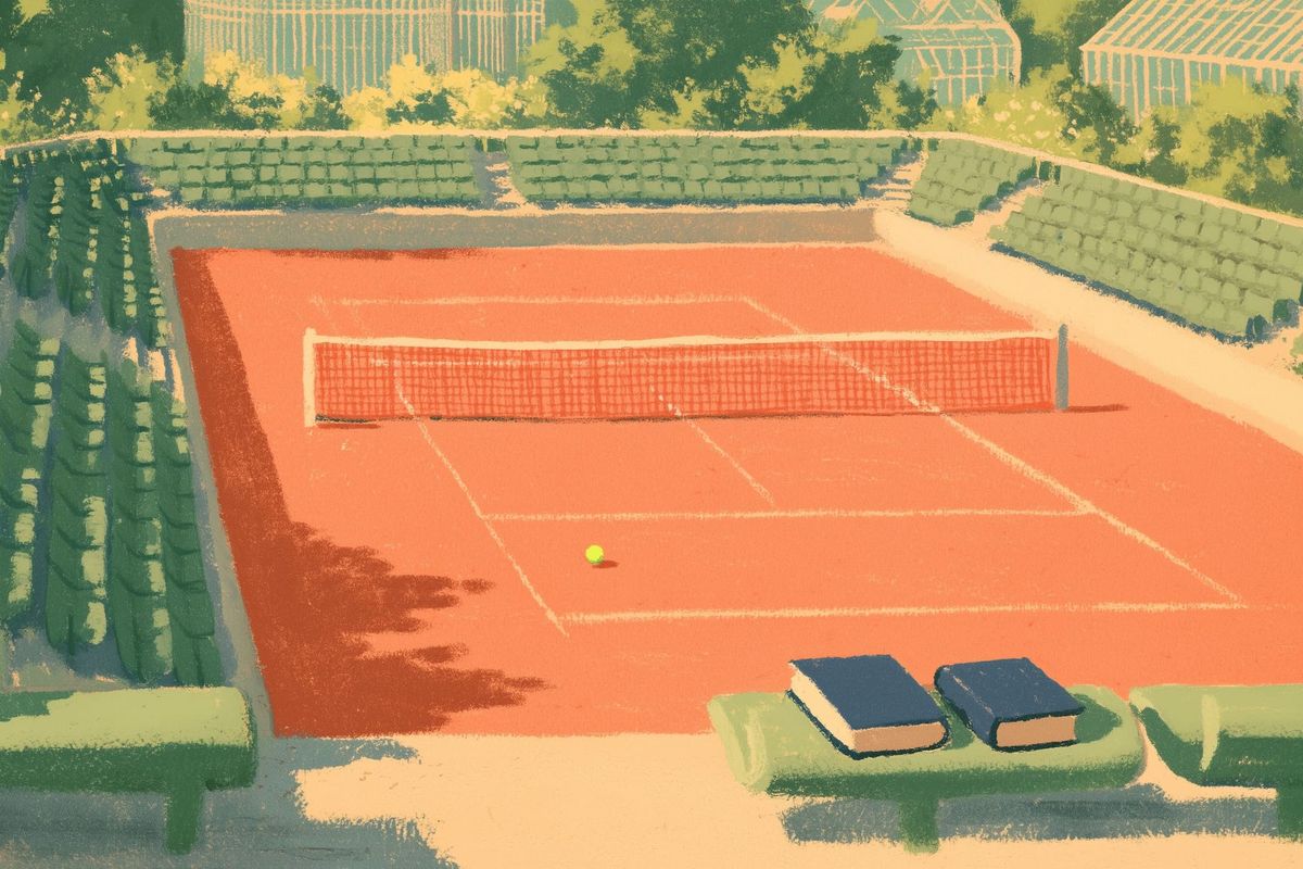 Mid-century poster-style illustration of an empty red clay tennis court in a small sunken garden stadium on a sunny morning, net stretched across the court and a single yellow ball on the cla