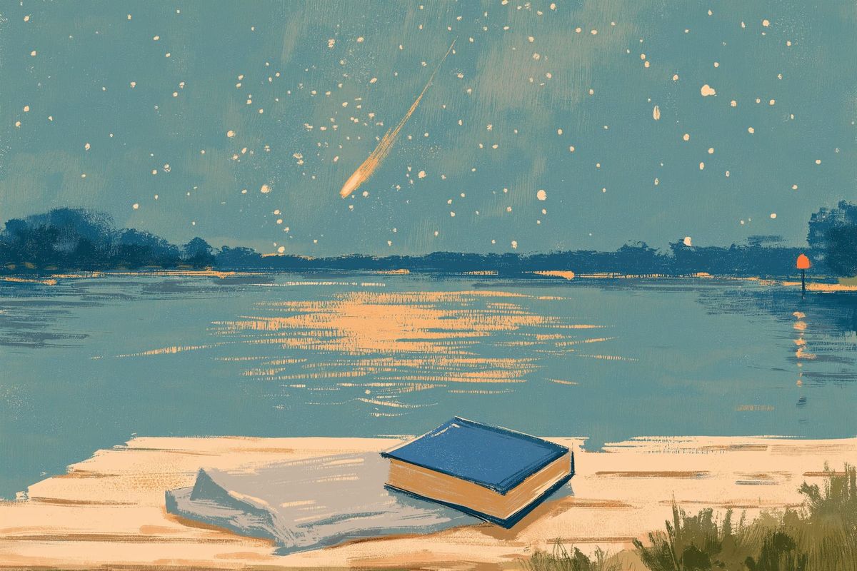 Mid-century travel poster: the view from a lake dock at night, a navy hardcover book on a pale blanket in the foreground, citrine meteors crossing a dense starfield.