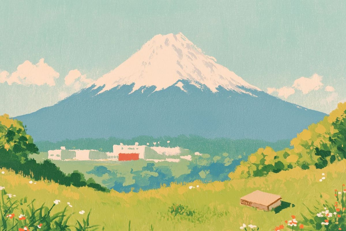 Mid-century travel poster: the view from a grassy hillside, a taupe hardcover book in the foreground, a tidy factory below, and Mount Fuji rising beyond under a bright citrine sky.