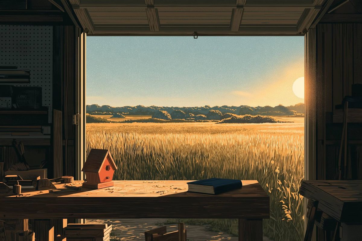 Mid-century travel poster: a navy book and a wooden birdhouse on a workshop bench, seen through the open garage door onto a late-summer meadow at sunset.