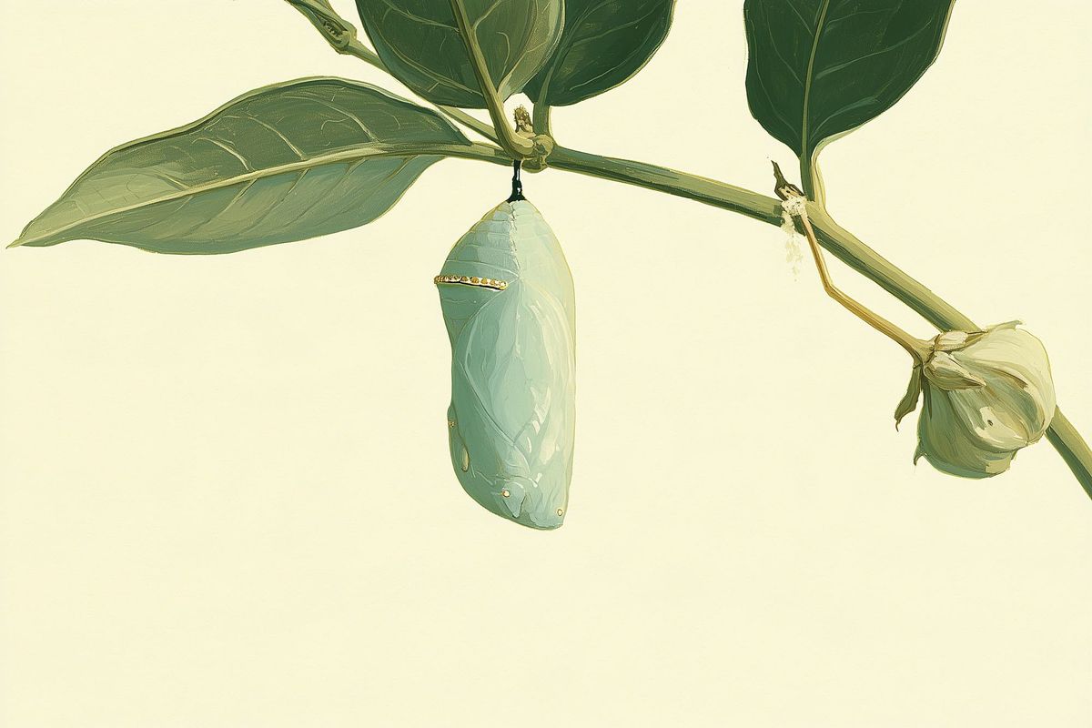 Naturalist-style painting of a monarch butterfly chrysalis hanging from a milkweed stem, its case gone clear enough to show the orange and black wings folded inside.