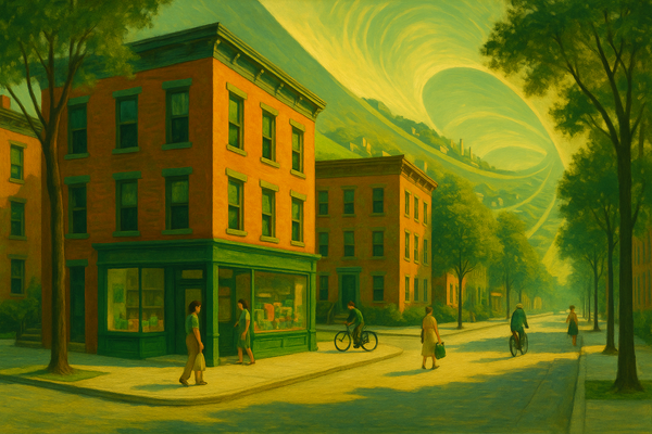 Edward Hopper-style painting of people on a Brooklyn street corner inside an O'Neill Cylinder space habitat, with curved landscape visible overhead