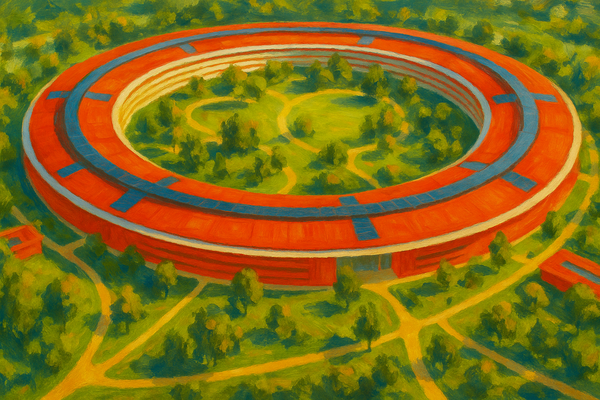 Circular orange-red building with glass segments in green landscape, painted in optimistic concept art style like Apple Park