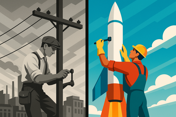 Art deco split illustration showing telegraph pole worker in grayscale on left and rocket technician in vibrant colors on right, with central pole-to-rocket structure spanning both eras
