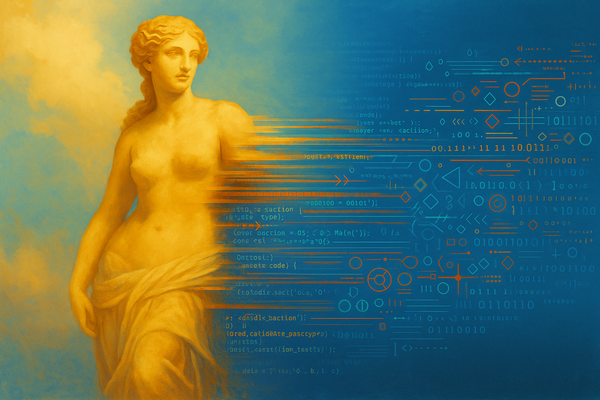 Classical golden figure on left transitioning into flowing blue code streams and digital patterns on right, showing beauty emerging from underlying systematic structure