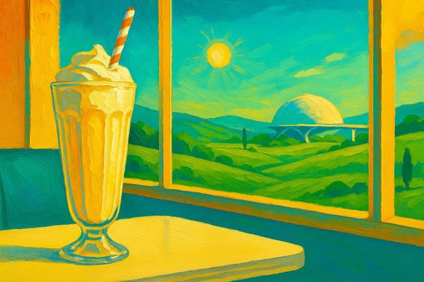 Pop art milkshake with striped straw on yellow table. Window shows sunlit meadow with dome structure and rolling green hills—a circular economy future in yellows, teals, greens.