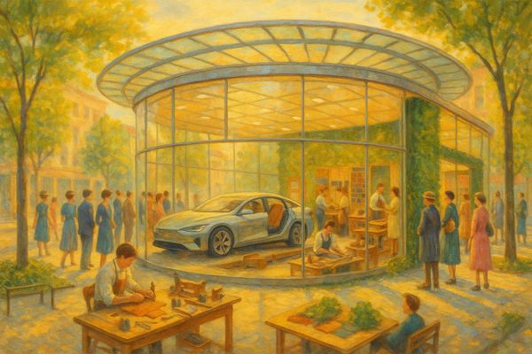 Impressionist painting of glass pavilion atelier on American boulevard. Crowds watch craftspeople work on futuristic car through floor-to-ceiling windows. Golden light, Monet-style brushwork.