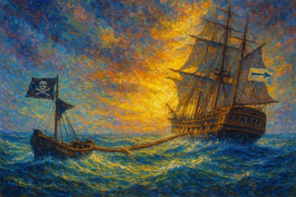 Neo-Impressionist maritime painting: large sailing ship and small vessel with pirate flag connected by rope in stormy seas. Dramatic citrine yellow light breaks through blue storm clouds.