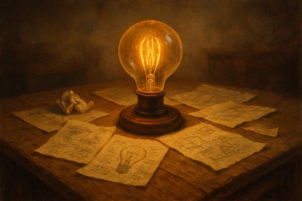 Glowing Edison bulb surrounded by scattered sketches and technical drawings on wooden table - Edison's 'pile of junk' where imagination becomes invention