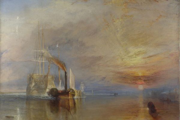 Oil painting of the aging warship HMS Temeraire, its tall masts shown ghostly, being towed up the Thames by a small steam tug at sunset, symbolizing the end of an era.