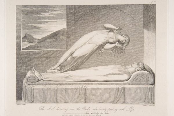 A luminous figure rises from a recumbent body, arms extended in reluctance. William Blake's 1808 engraving for Robert Blair's poem The Grave.