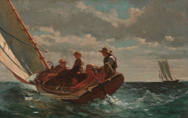 Winslow Homer's Breezing Up: a man and three boys sailing a catboat in fair wind, leaning confidently into the sea, with a schooner visible on the horizon