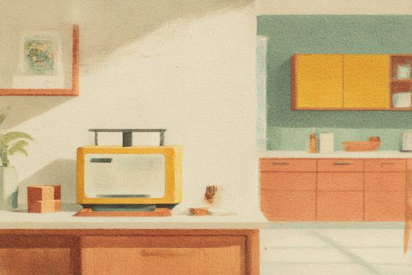 A sunlit home workshop in mid-century illustration style. A small desktop 3D printer extrudes a citrine yellow modular part on a wooden workbench; a modular kitchen visible beyond.