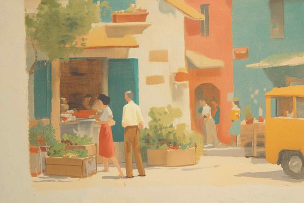 Mid-century illustration of a warm neighborhood street: a figure walks toward an open workshop, a small food counter sits across the way, and a citrine yellow delivery vehicle rolls past.