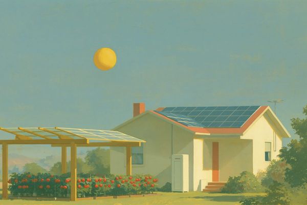 A mid-century-style illustration: a suburban home with rooftop solar panels and a pergola of solar panels shading tomato plants in the back yard. Late afternoon golden sky.