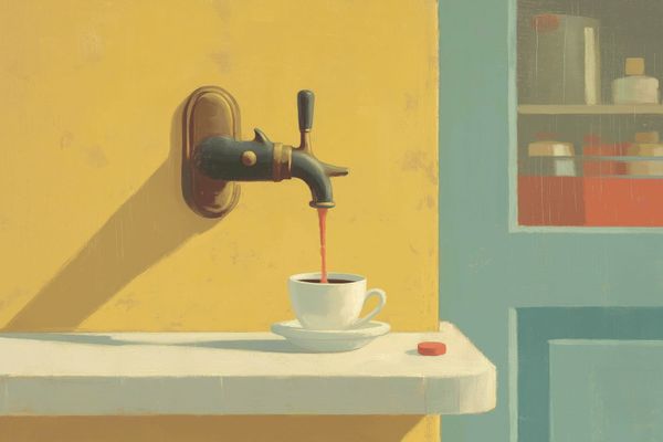 An ornate animal-shaped coffee spout pours dark coffee into a white cup on a citrine yellow counter, with a hint of an automat's little glass food windows behind. Mid-century poster style.