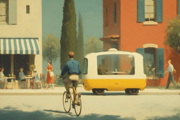 Mid-century-style painting of a sunny street: a man bikes past a small driverless shuttle while people sit at a café, low pastel buildings and a cypress tree behind.