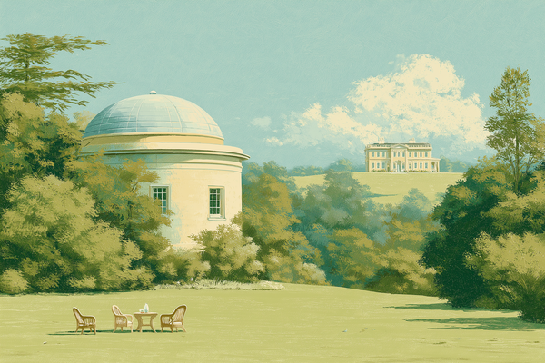 A gouache of an Edwardian country-house lawn: a round mid-century theater rotunda rises over the grass, dwarfing the empty wicker chairs and tea table; a manor in the distance.