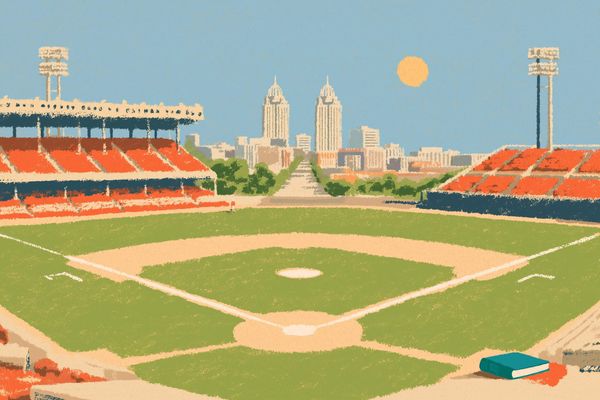 Mid-century poster-style illustration from a seat in a summer baseball park, green diamond below, a gap in the grandstand revealing a city skyline with twin towers, and a teal hardcover book