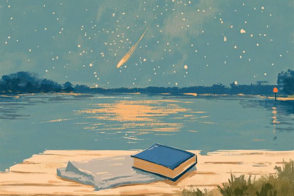 Mid-century travel poster: the view from a lake dock at night, a navy hardcover book on a pale blanket in the foreground, citrine meteors crossing a dense starfield.