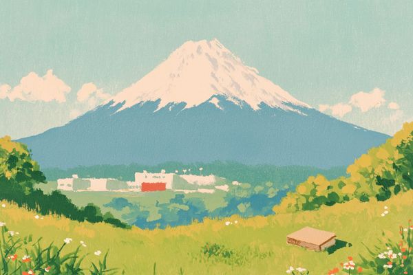Mid-century travel poster: the view from a grassy hillside, a taupe hardcover book in the foreground, a tidy factory below, and Mount Fuji rising beyond under a bright citrine sky.