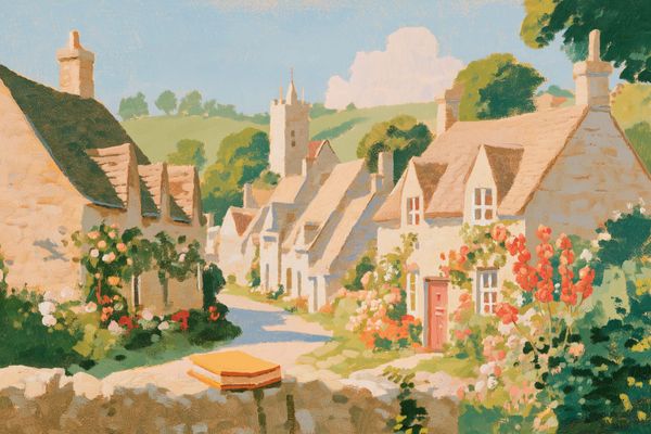 Mid-century travel poster: a citrine-yellow book on a dry-stone wall overlooking a sunlit lane of Cotswold stone cottages, a coral front door at right, a church tower and green hills beyond.