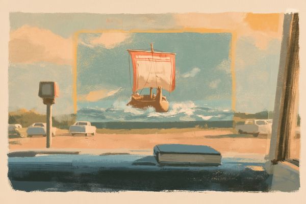 Mid-century travel poster: a navy book on a car dashboard at a drive-in movie at dusk, the glowing screen showing a Greek galley in a storm, citrine light around its edges.