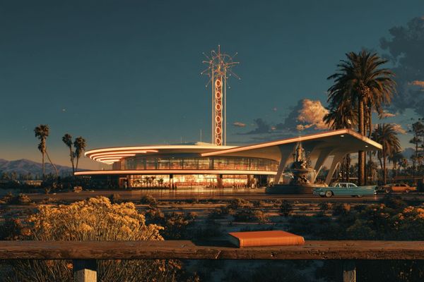 Mid-century travel poster: an orange book on a weathered railing at the desert's edge, a lone Las Vegas casino resort glowing across the forecourt at sunset.