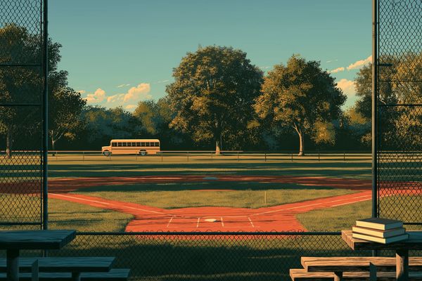 Mid-century travel poster: a stack of books on a bleacher above an empty Little League field in late summer light, a yellow school bus passing beyond the fence.
