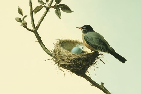 Naturalist-style painting of an empty robin's nest in the fork of a branch, holding a single sky-blue egg, its shell broken open.
