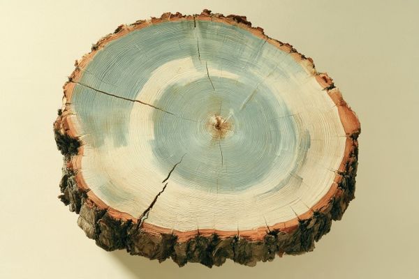 Naturalist-style painting of a cross-section of an old tree trunk, its growth rings alternating between broad bands and tightly packed narrow ones.