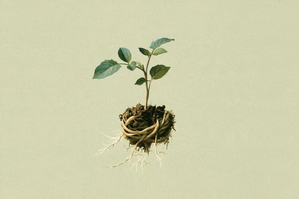 Naturalist-style painting of a young plant lifted from its pot, its roots circling tightly in a tangle, several cut, with fine new white roots growing outward from the cuts.